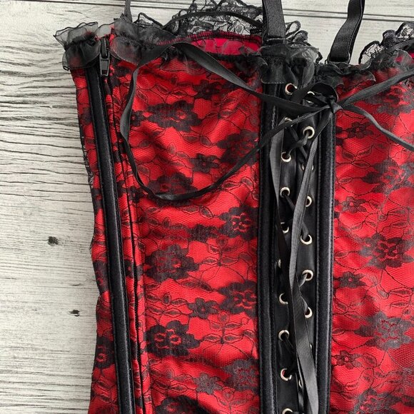 Coquette Corset Top Red Satin Black Lace Bustier Lingerie - Picture 3 of 8